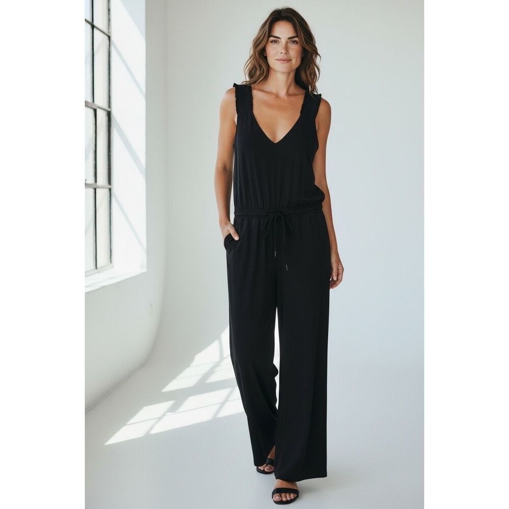 Athleta Savannah Wide Leg Jumpsuit Size 6 Black Ruffle Strap Stretchy One Piece